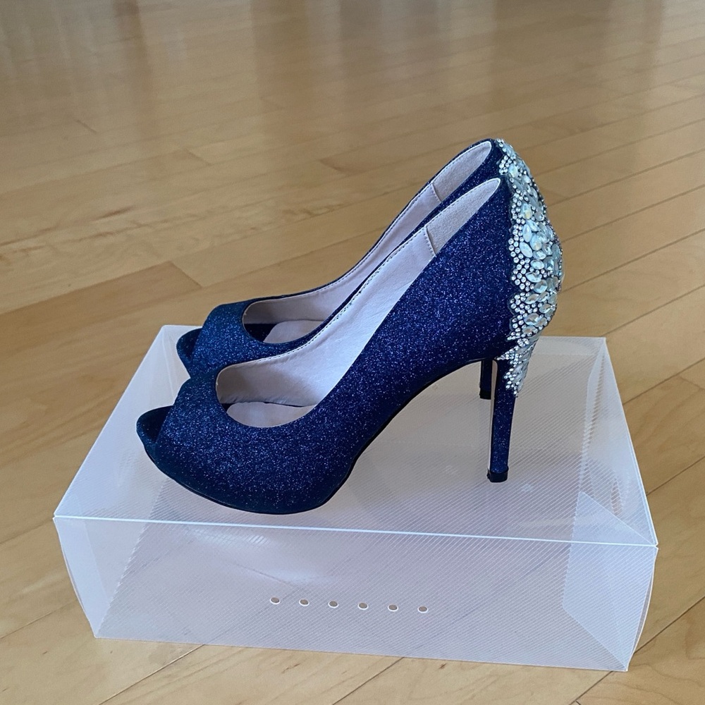Women's Navy Glitter Peep-Toe Heels with Crystal Accent